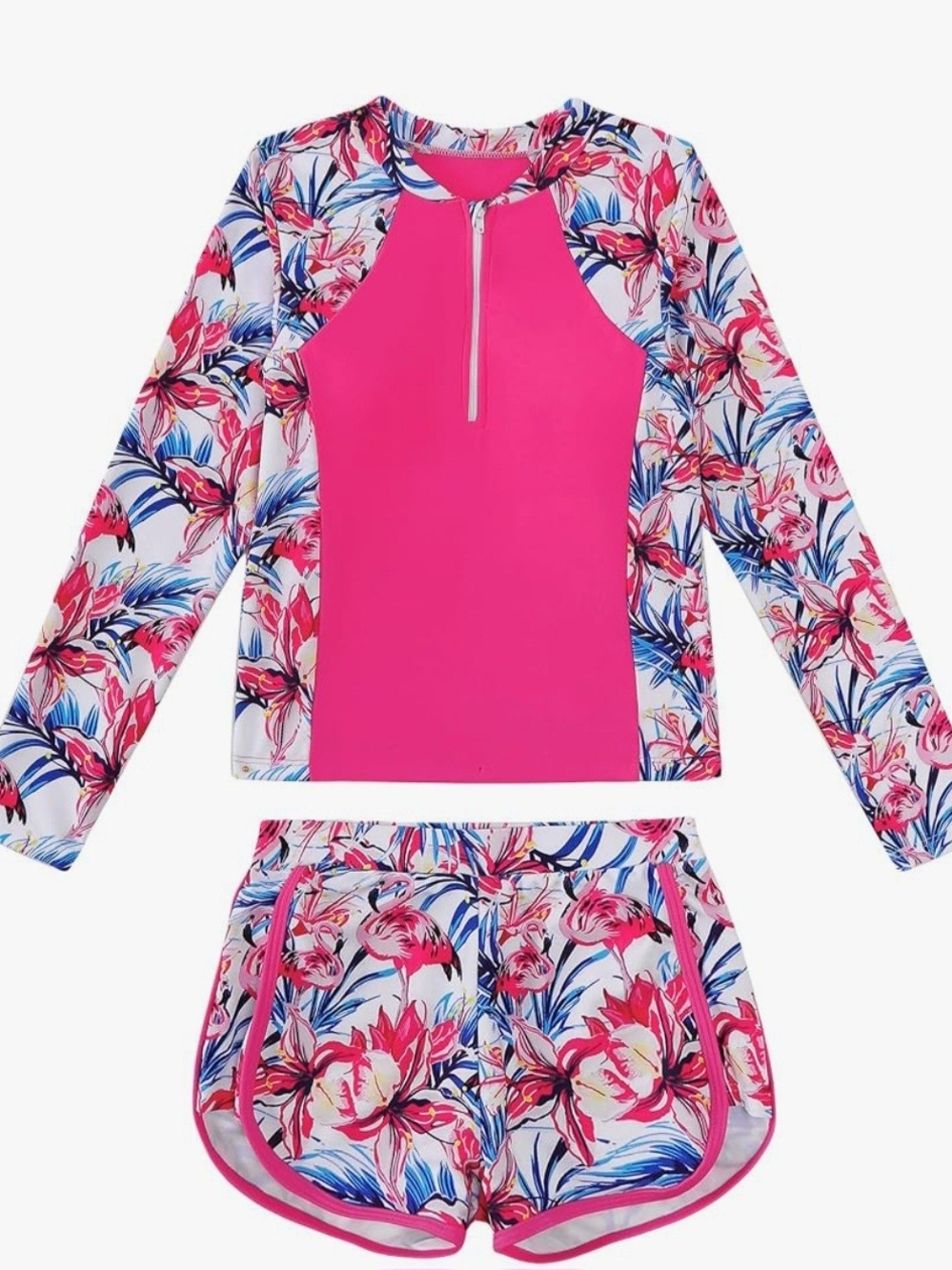 Girls' Hot Pink Floral Long-Sleeve Rash Guard Swimsuit Set